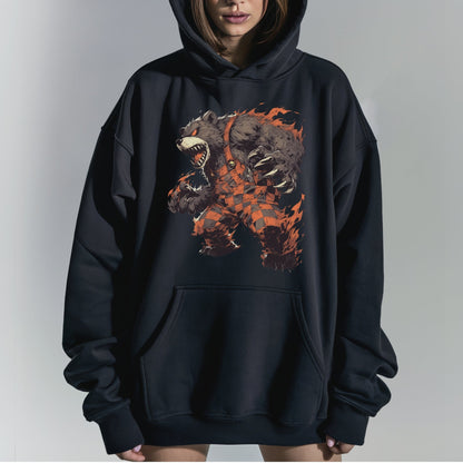 Ferocious Flame Bear Hoodie Tshirt Female Model