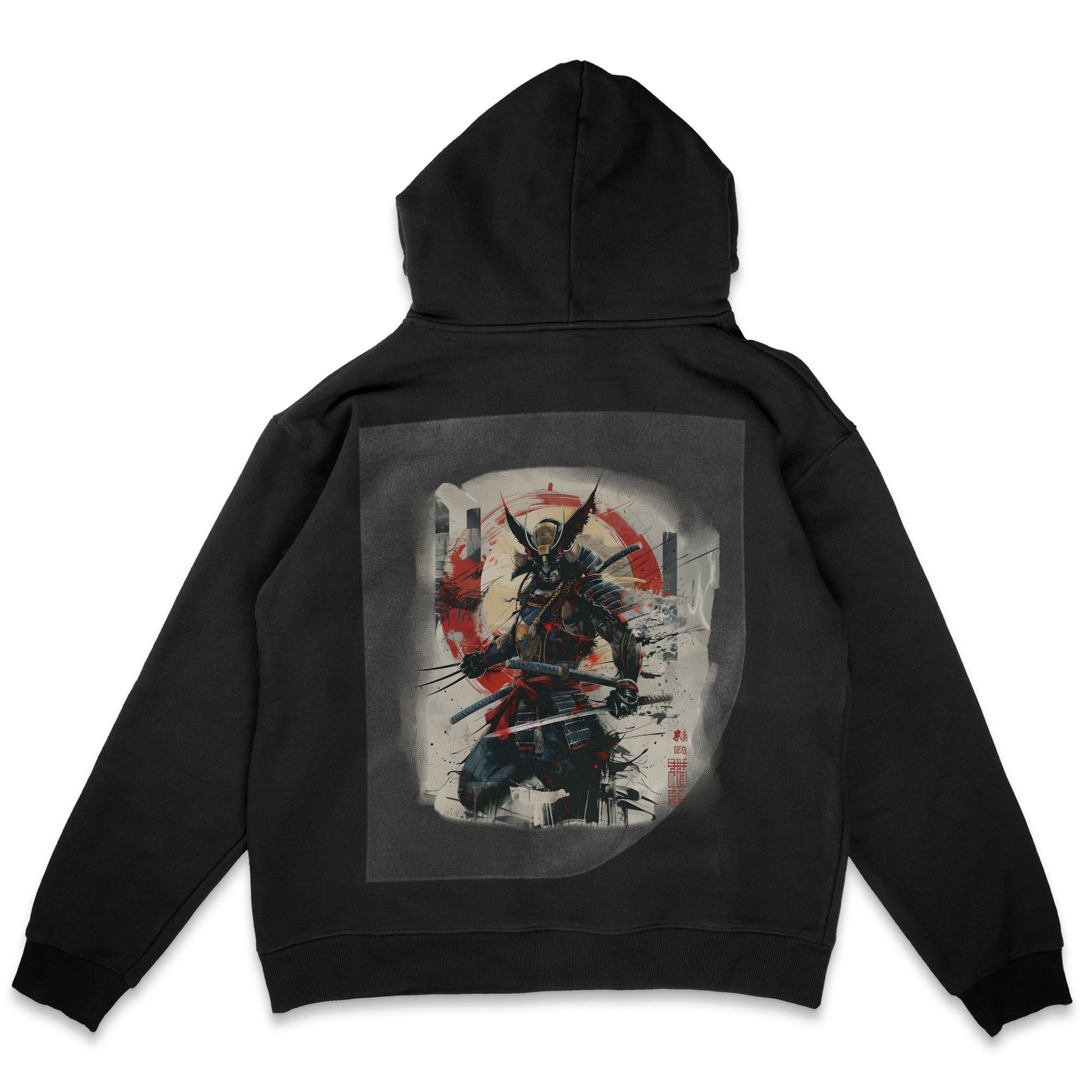 Samurai Surge Portrait Ready to Press Solid Black Hoodie Back Peel View