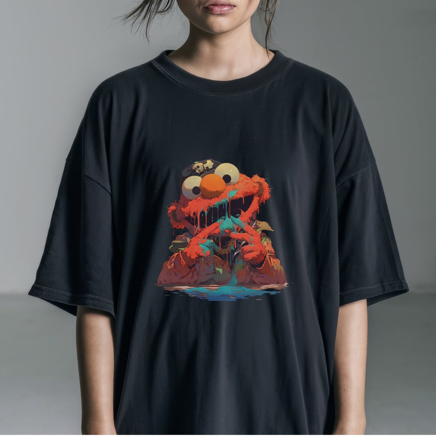 Twisted Elmo Art Tshirt Female Model