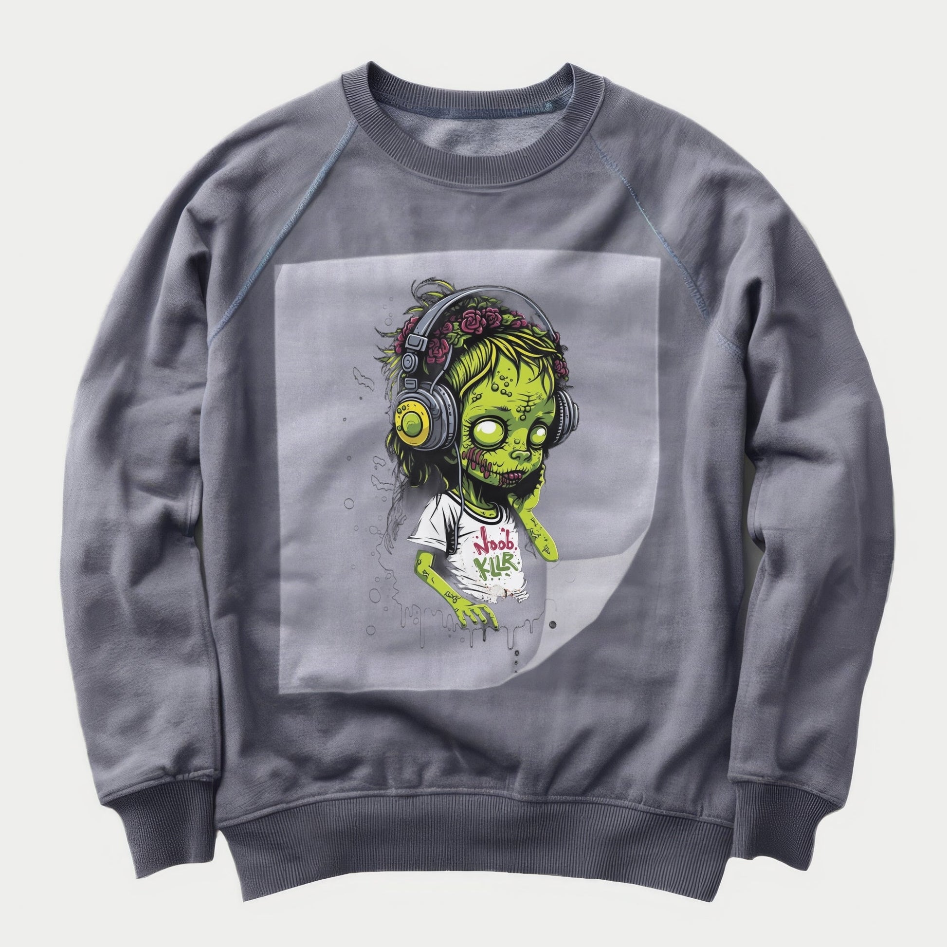 Zombie Beats Bloom Ready to Press Heather Gray Sweater Front Peel View