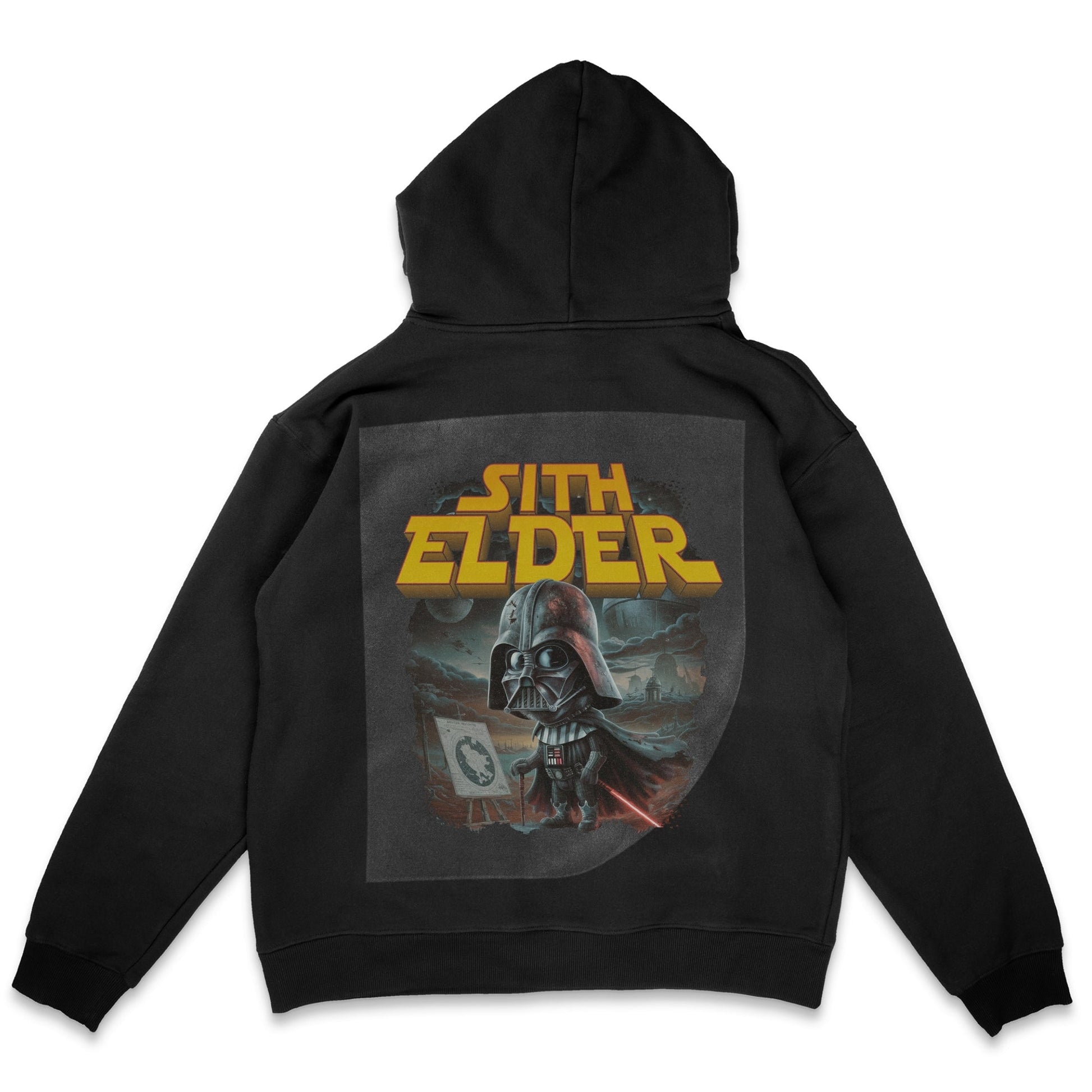 Sith Elder: Vintage Villainy Ready to Press Solid Black Hoodie Back Peel View