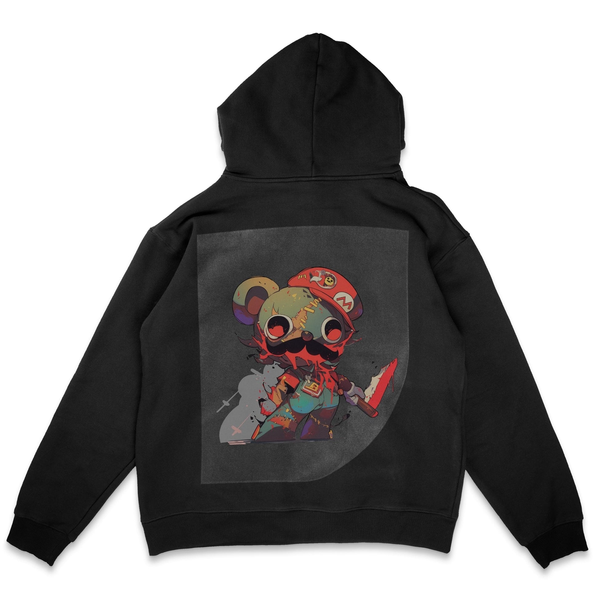 Zombified Mario Mashup Ready to Press Solid Black Hoodie Back Peel View