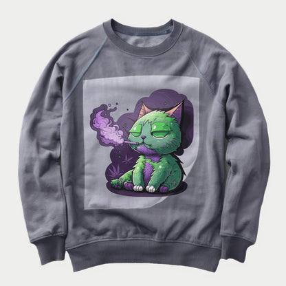 Mysticat Cannabis Charm Ready to Press Heather Gray Sweater Front Peel View