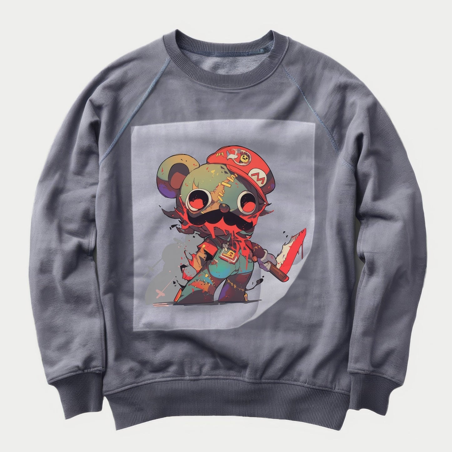 Zombified Mario Mashup Ready to Press Heather Gray Sweater Front Peel View