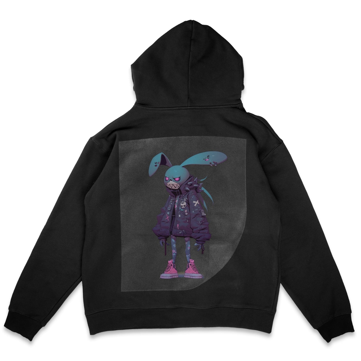 Urban Rebel Rabbit Art Ready to Press Solid Black Hoodie Back Peel View