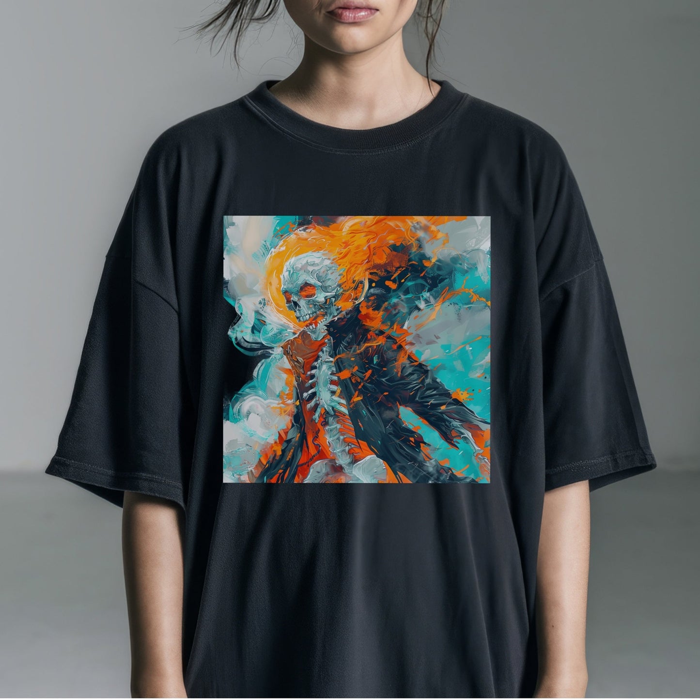 Flaming Skeleton Fury Tshirt Female Model