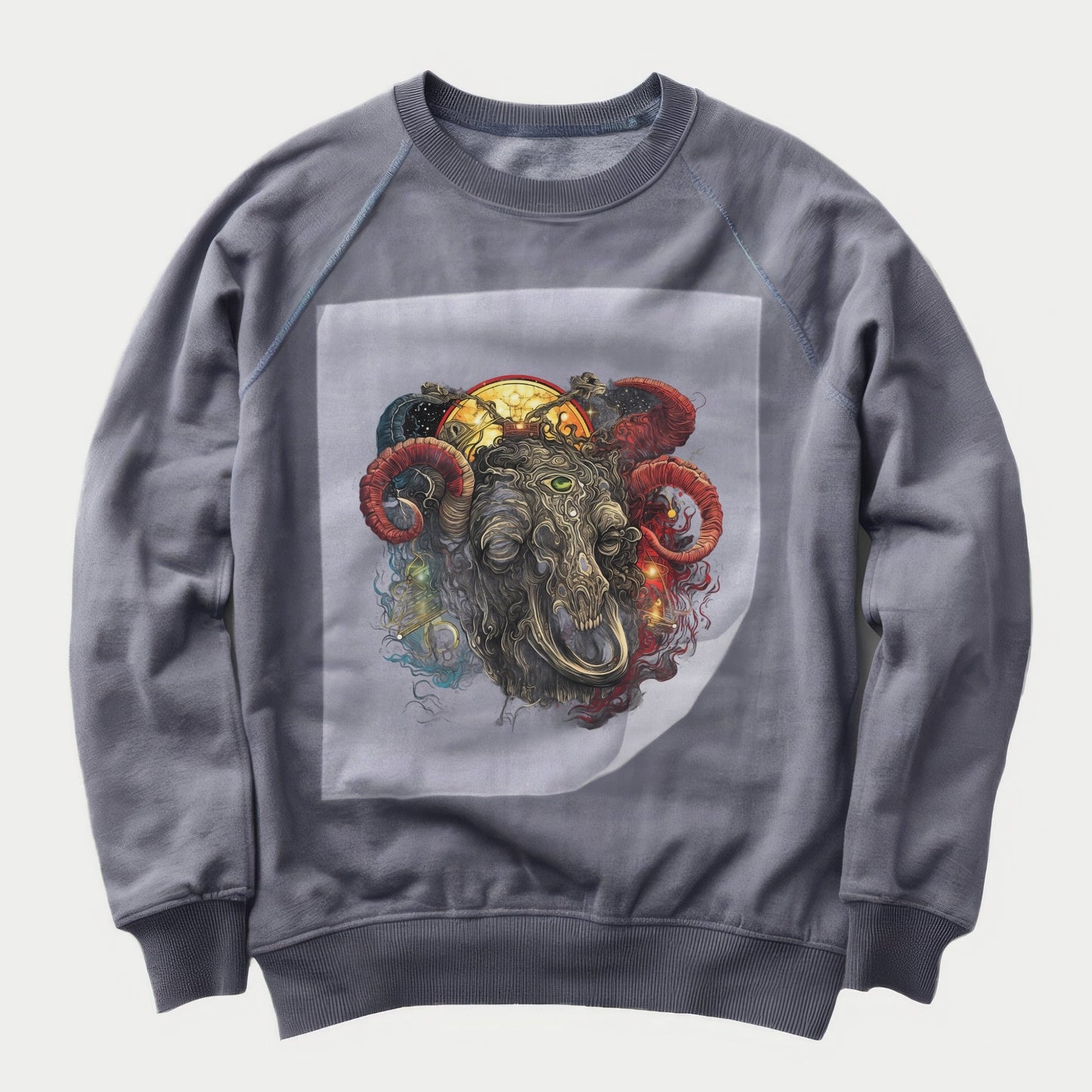 Mystical Ram Fusion Ready to Press Heather Gray Sweater Front Peel View