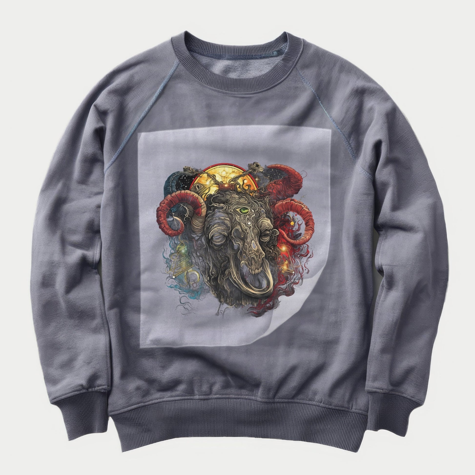 Mystical Ram Fusion Ready to Press Heather Gray Sweater Front Peel View