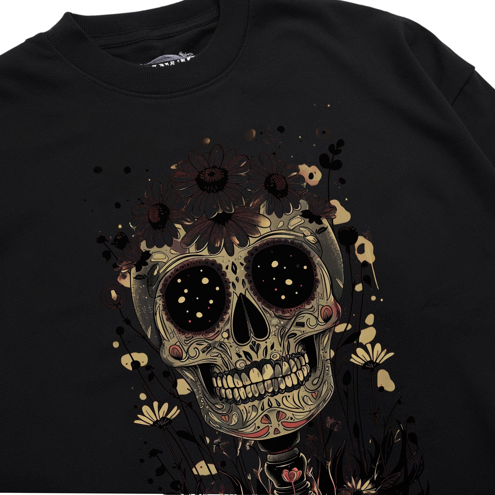 Day of the Dead Floral Skull Shirt Closeup