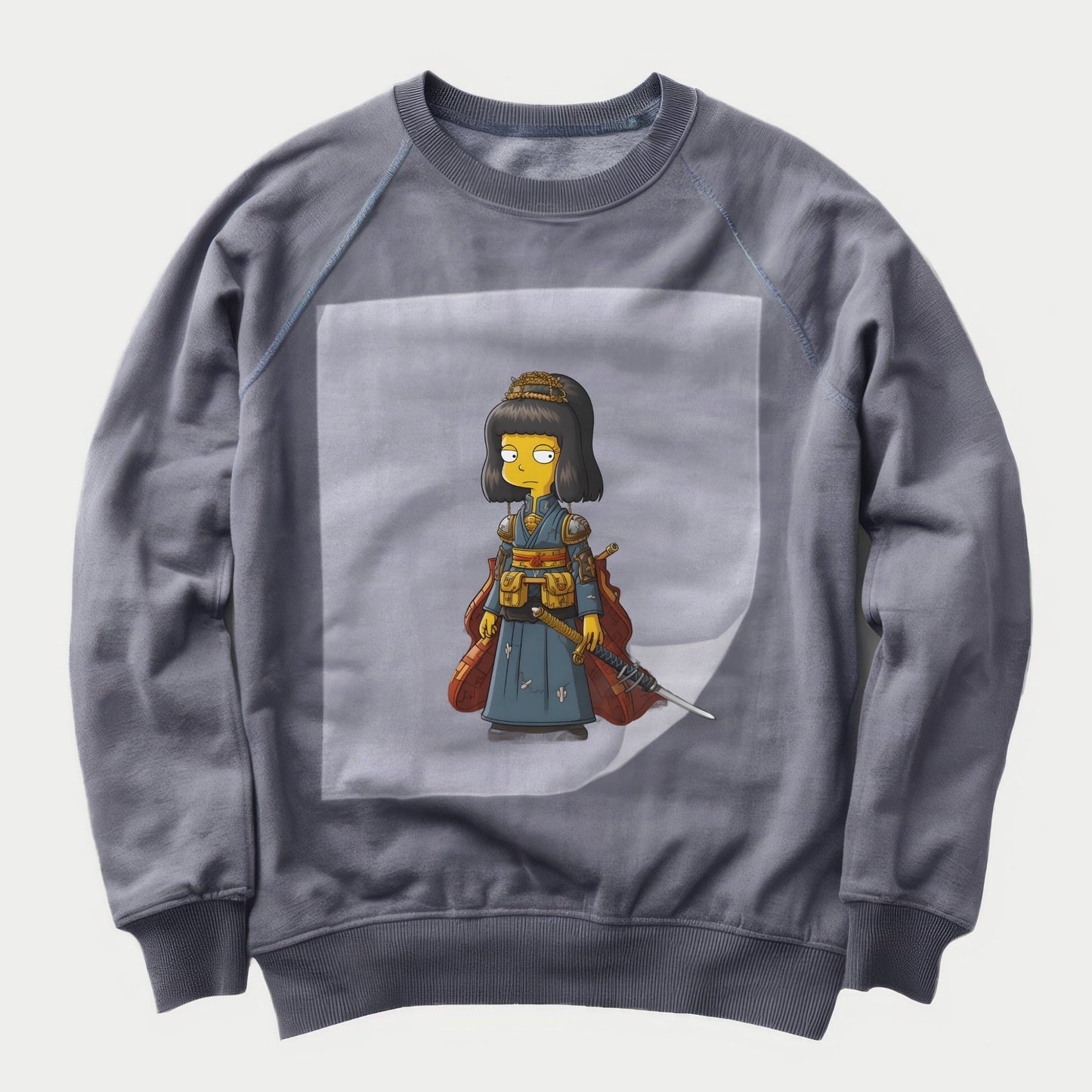 Samurai Simpson Showdown Ready to Press Heather Gray Sweater Front Peel View