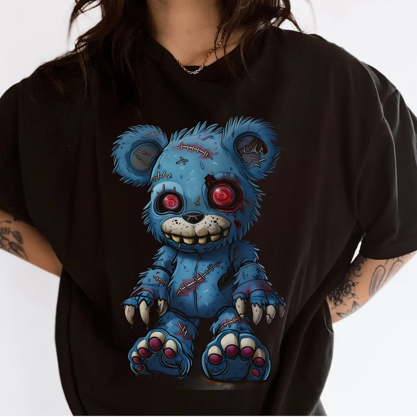 Macabre Bear Illustration Tshirt Female Model