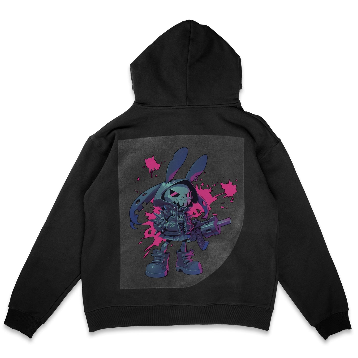 Neon Cyborg Bunny Blitz Ready to Press Solid Black Hoodie Back Peel View