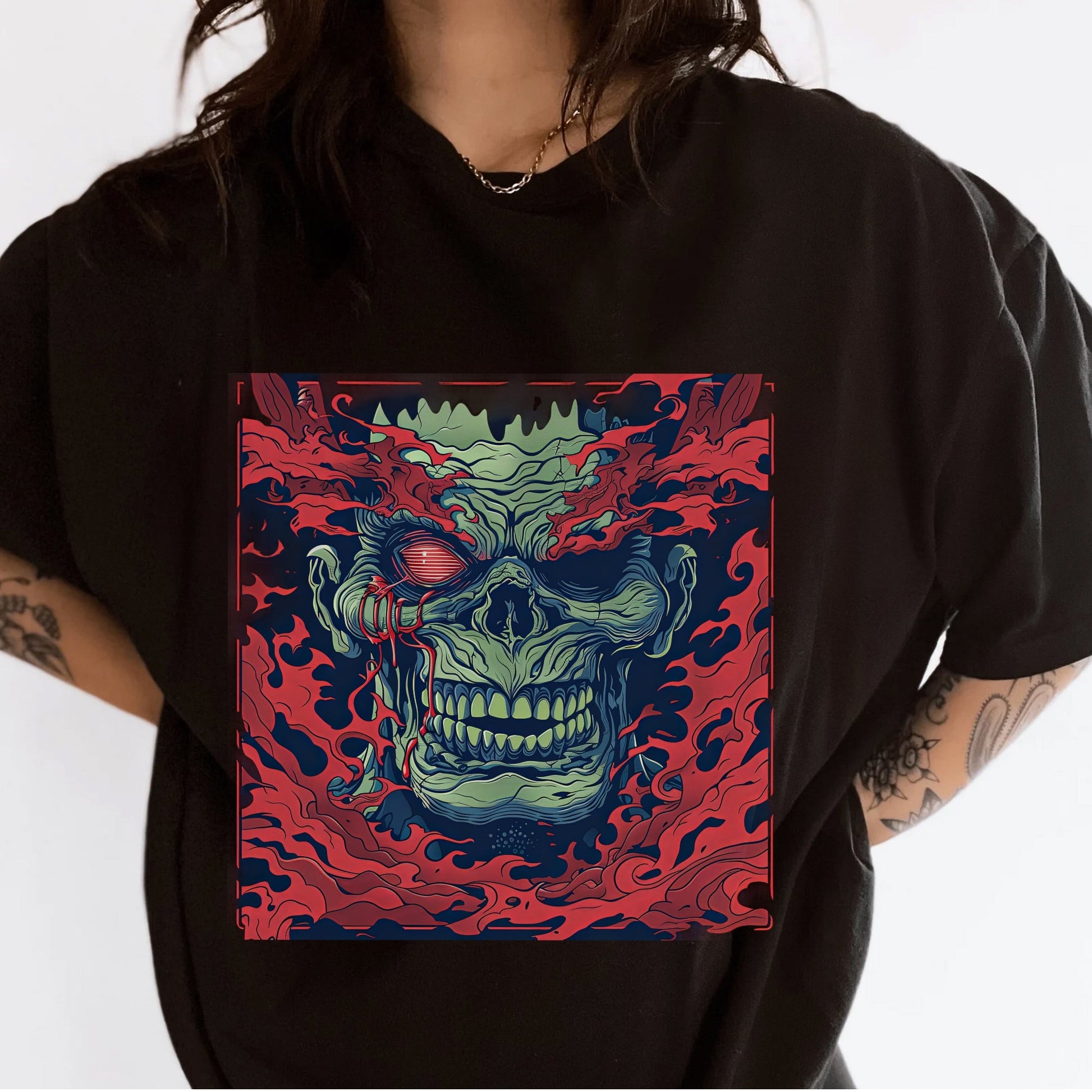 Monstrous Flame Skull Tshirt Female Model