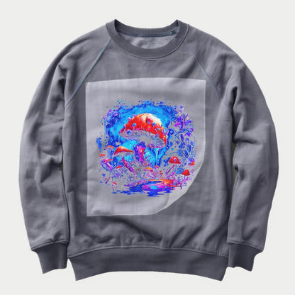 Aquatic Mushroom Magic Ready to Press Heather Gray Sweater Front Peel View