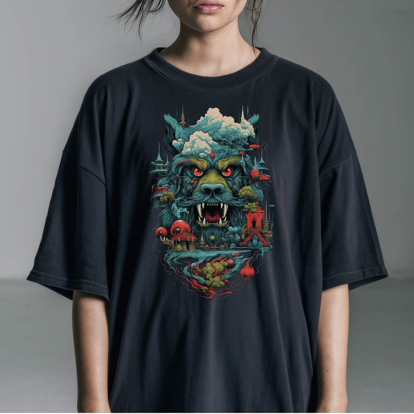 Surreal Wolf Cityscape Tshirt Female Model