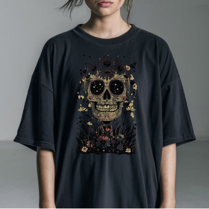 Day of the Dead Floral Skull Tshirt Female Model