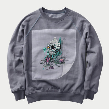 Neon Skullscape Utopia Ready to Press Heather Gray Sweater Front Peel View