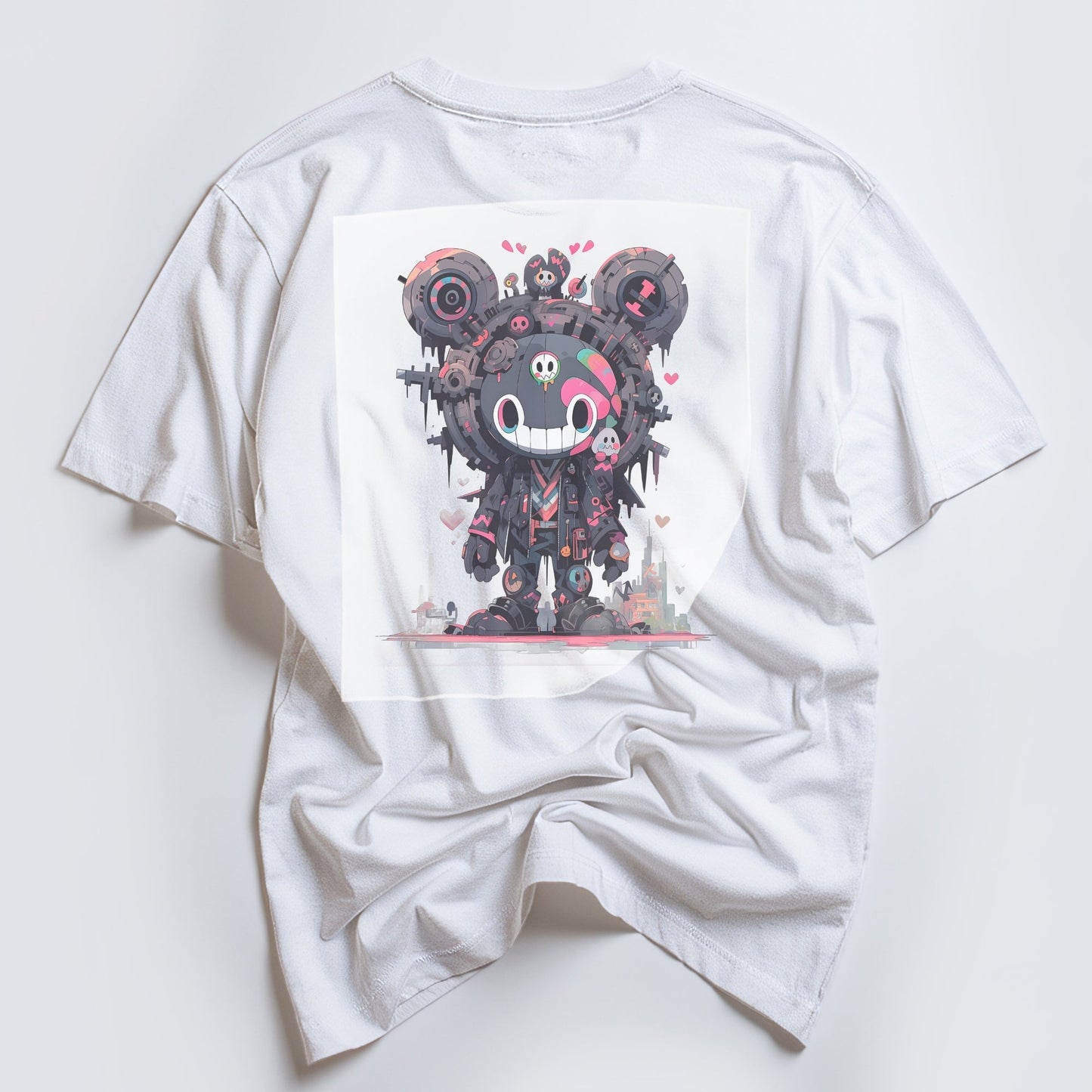 Cyberpunk Kawaii Bear Ready to Press White Tshirt Back Peel View