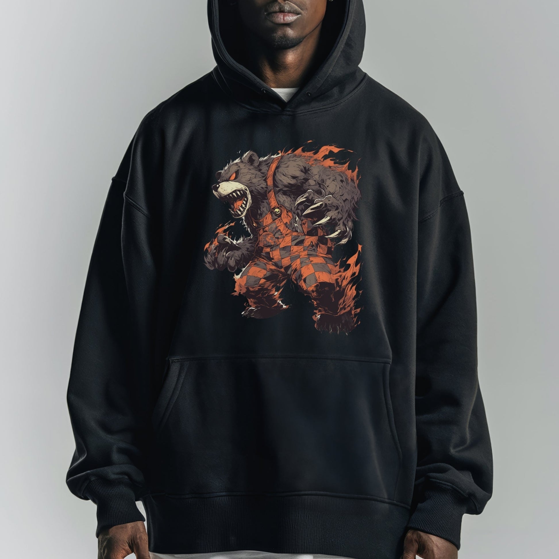 Ferocious Flame Bear Hoodie Tshirt Male Model