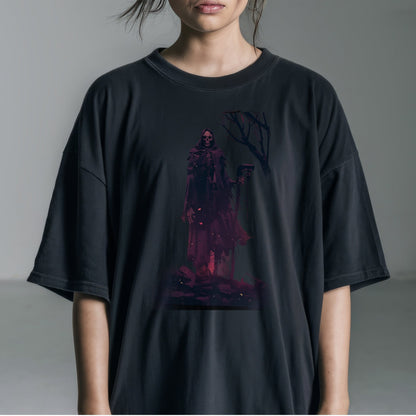 Grim Reaper's Desolate Realm Tshirt Female Model