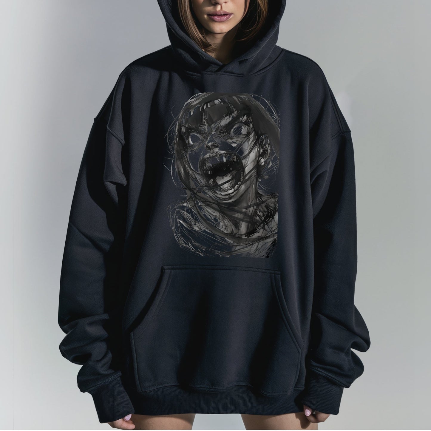 Hinata Fierce Expression Hoodie Tshirt Female Model