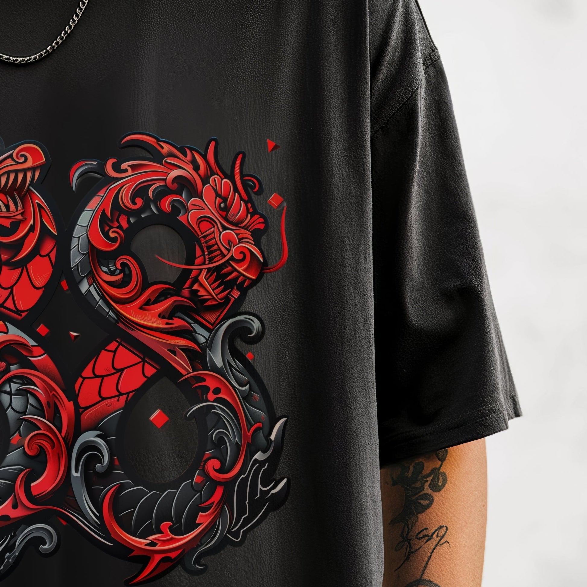 Twin Dragons Infinity T-Shirt Model Closeup