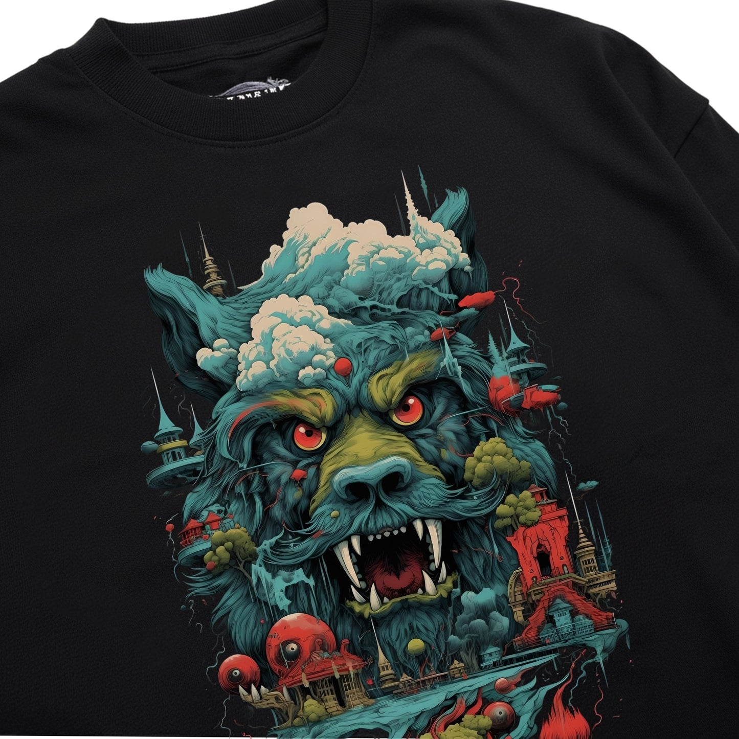 Surreal Wolf Cityscape Shirt Closeup