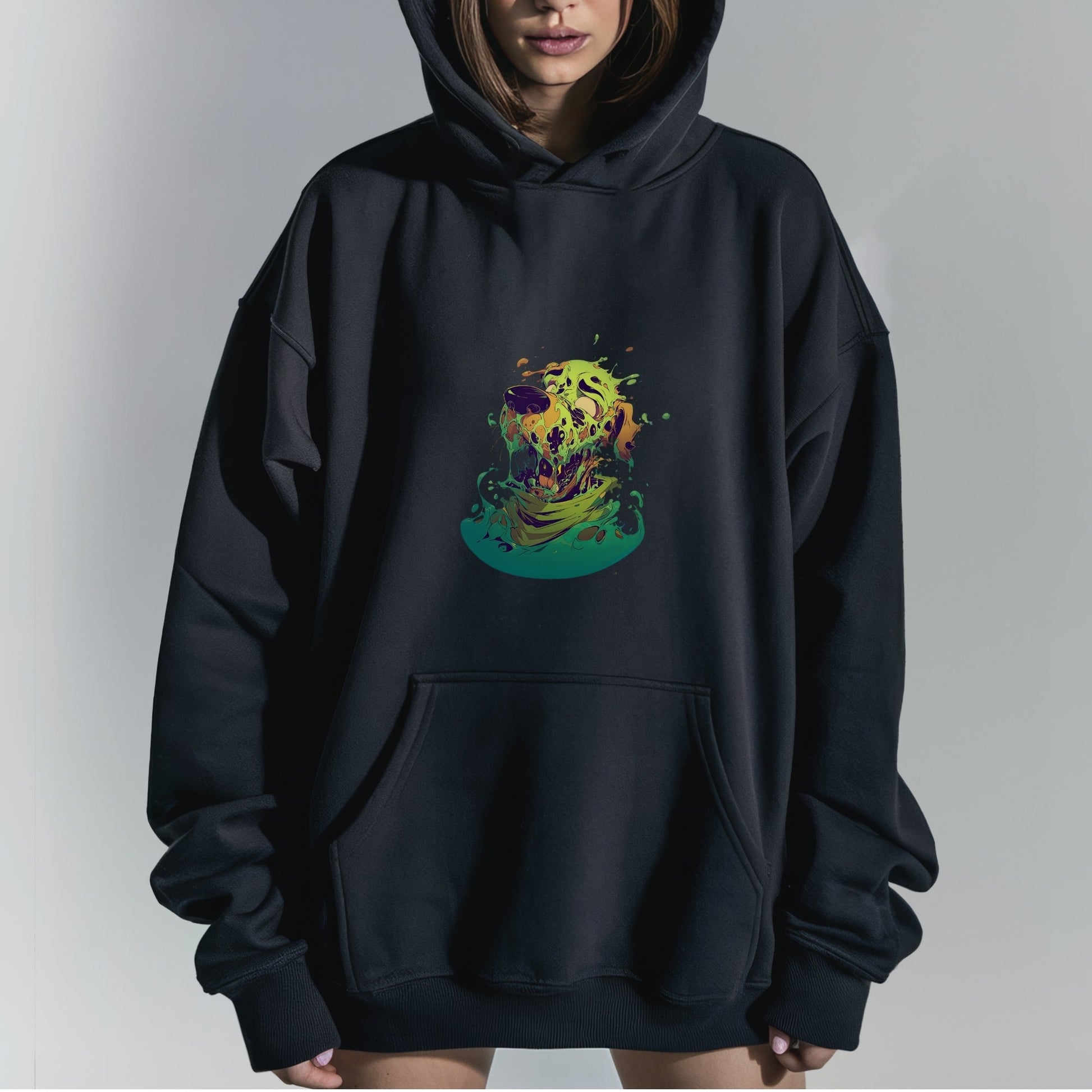 Vibrant Melting Skull Art Tshirt Female Model