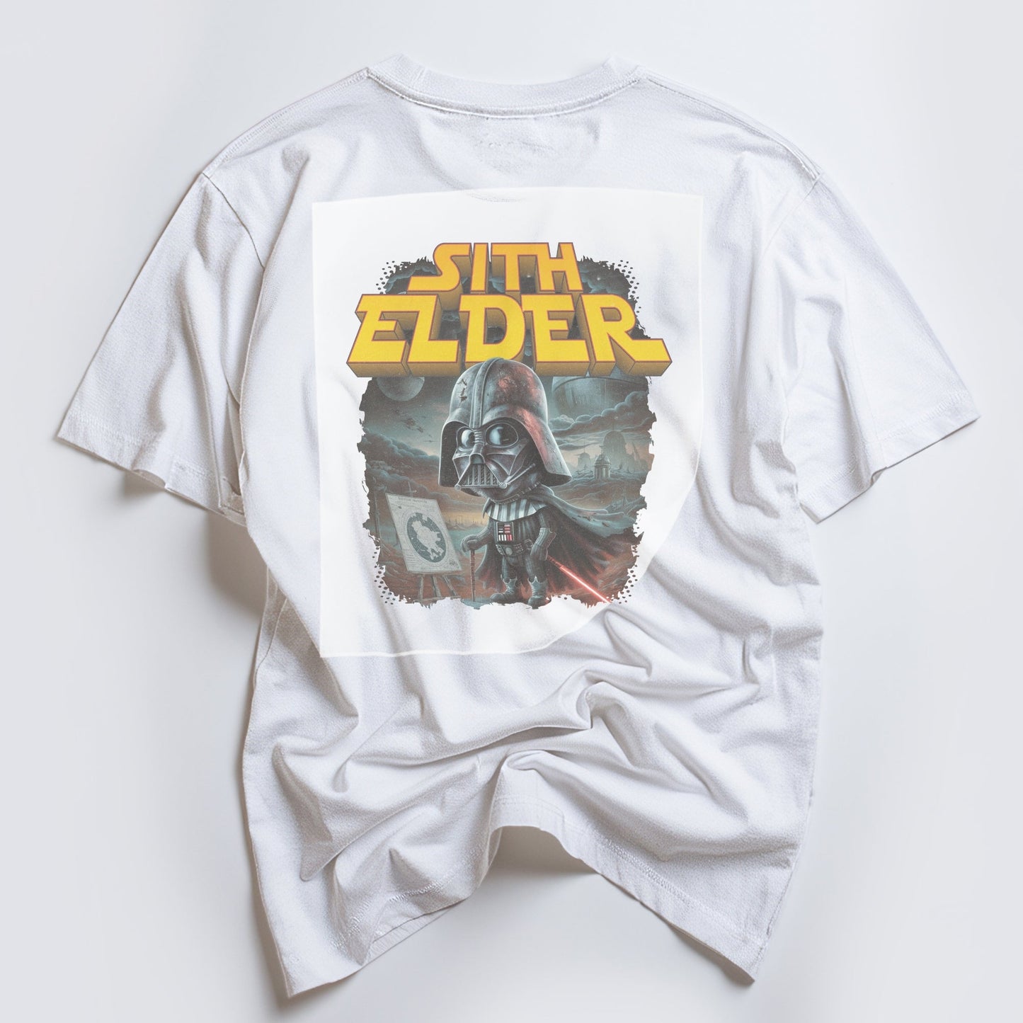 Sith Elder: Vintage Villainy Ready to Press White Tshirt Back Peel View