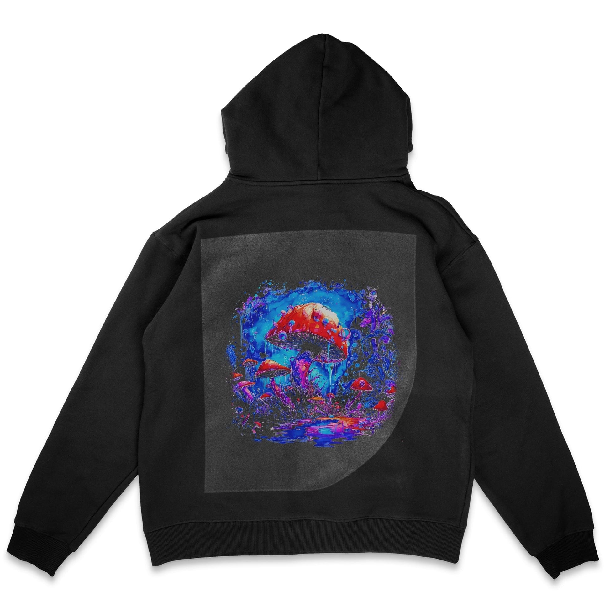 Aquatic Mushroom Magic Ready to Press Solid Black Hoodie Back Peel View