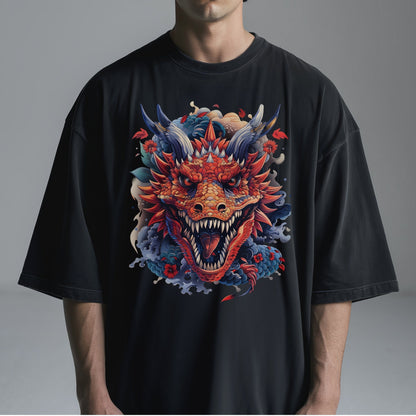 Stylized Dragon Amidst Cloudy Sky Tshirt Male Model