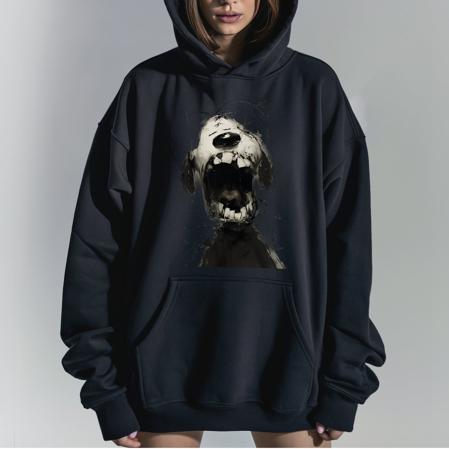 Expressive Snoopy Skull Art Hoodie Tshirt Female Model