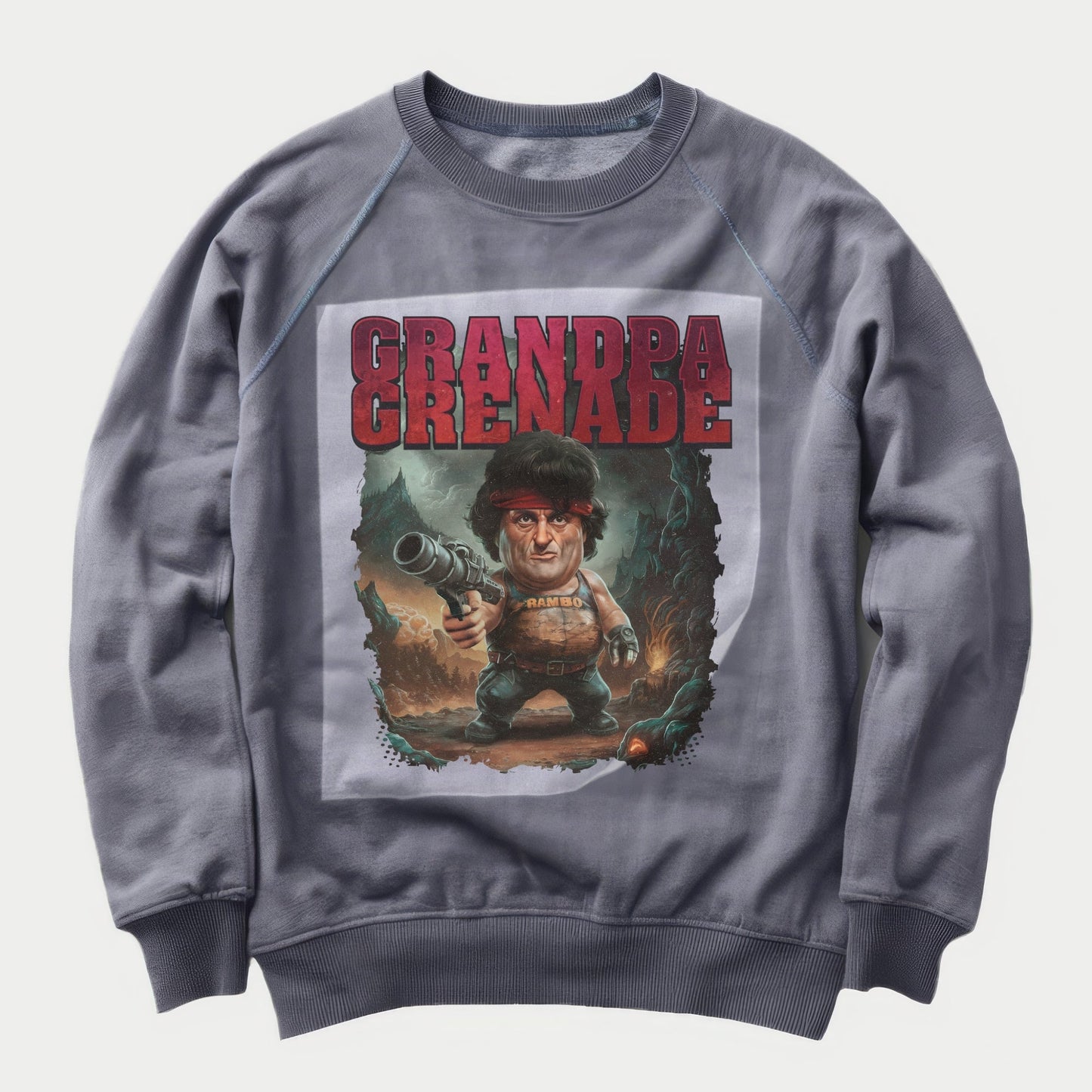 Geriatric Rambo Resurgence Ready to Press Heather Gray Sweater Front Peel View