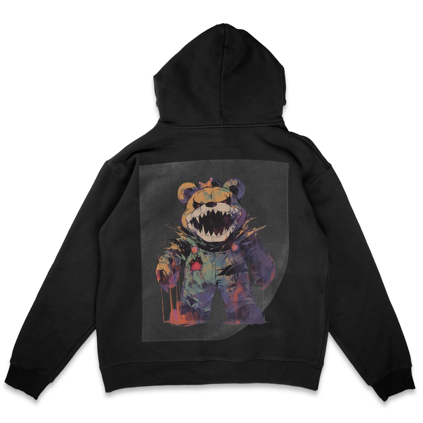 Nostalgic Nightmare Bear Ready to Press Solid Black Hoodie Back Peel View