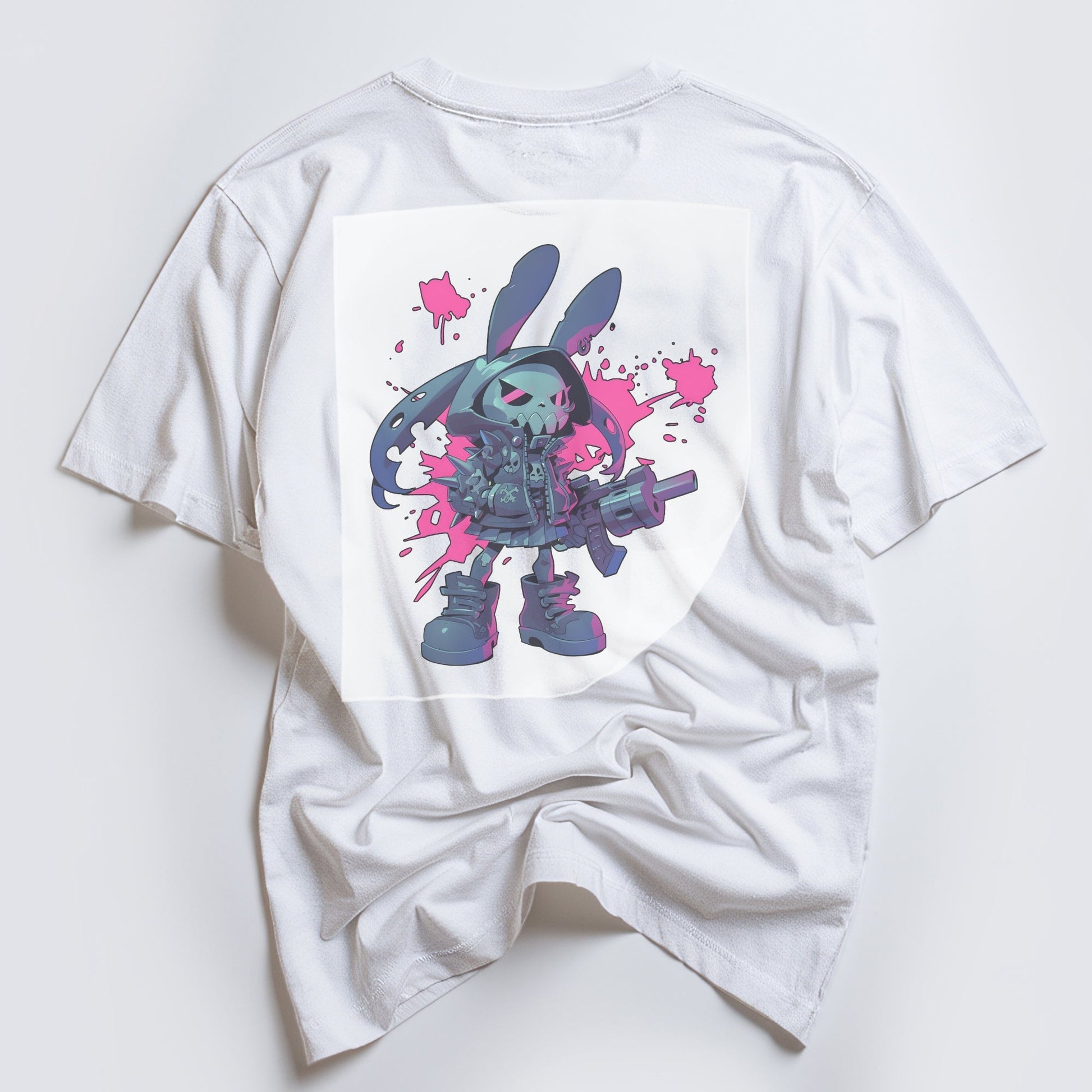 Neon Cyborg Bunny Blitz Ready to Press White Tshirt Back Peel View