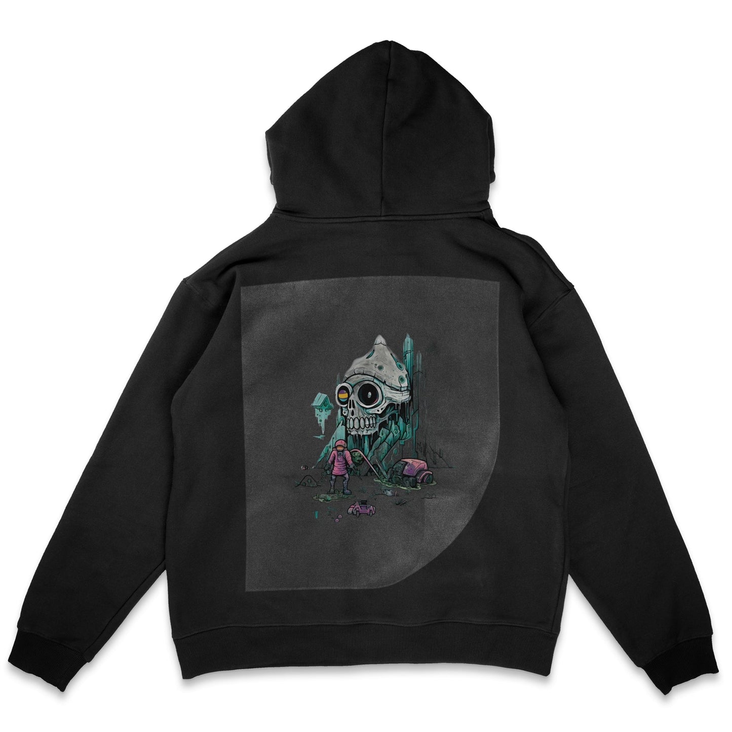 Neon Skullscape Utopia Ready to Press Solid Black Hoodie Back Peel View