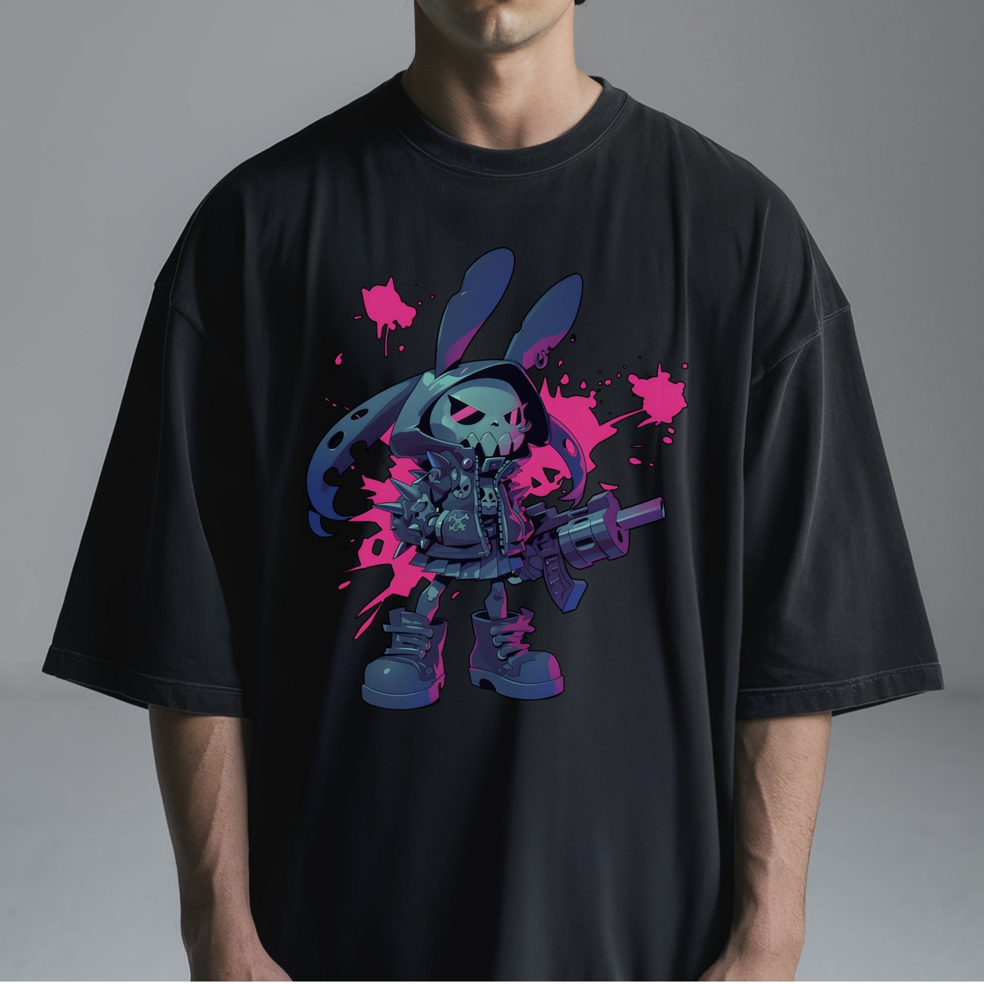 neon cyborg bunny blitz t-shirt t-shirt model shoulder back view closeup