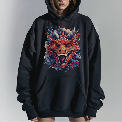 Stylized Dragon Amidst Cloudy Sky Hoodie Female Model