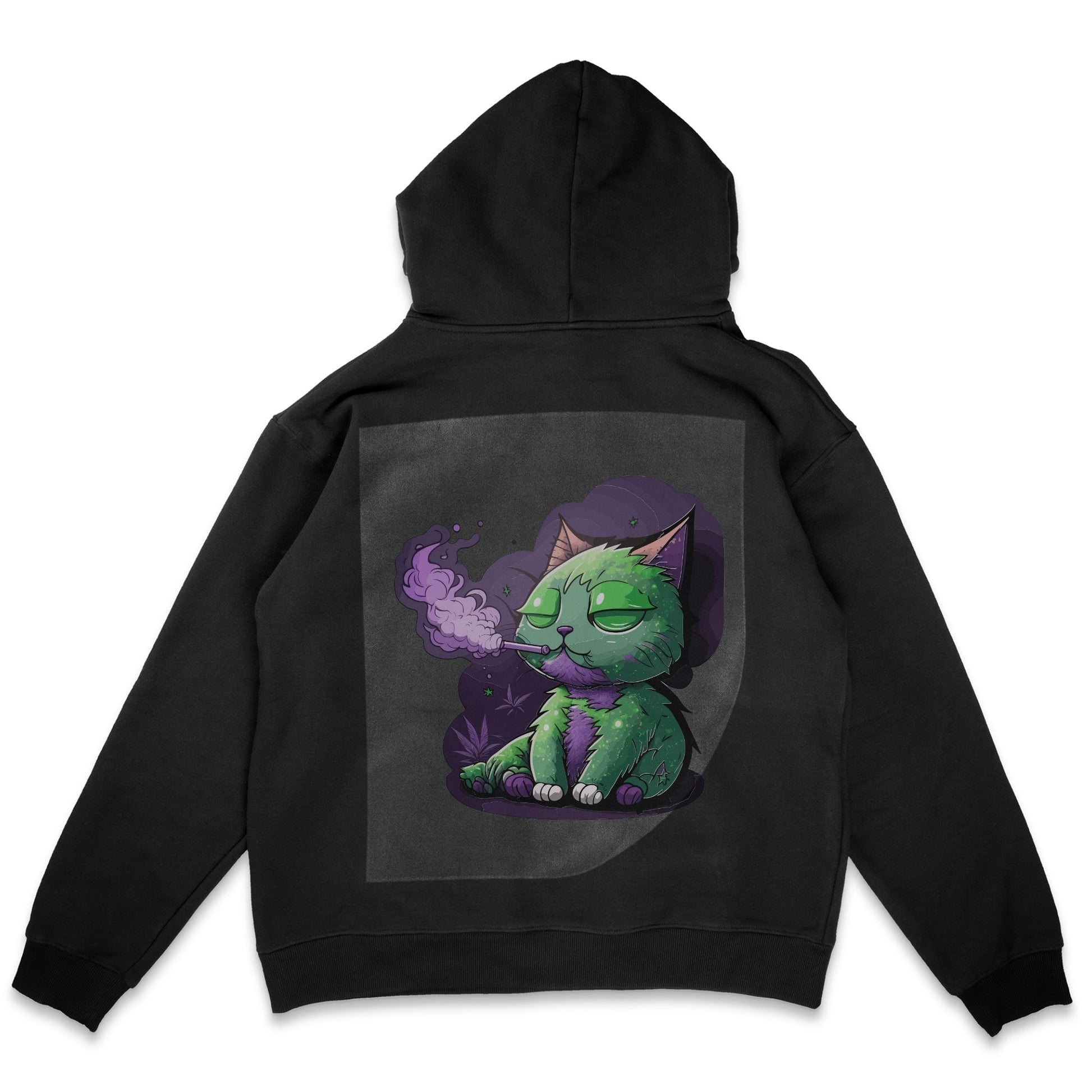 Mysticat Cannabis Charm Ready to Press Solid Black Hoodie Back Peel View