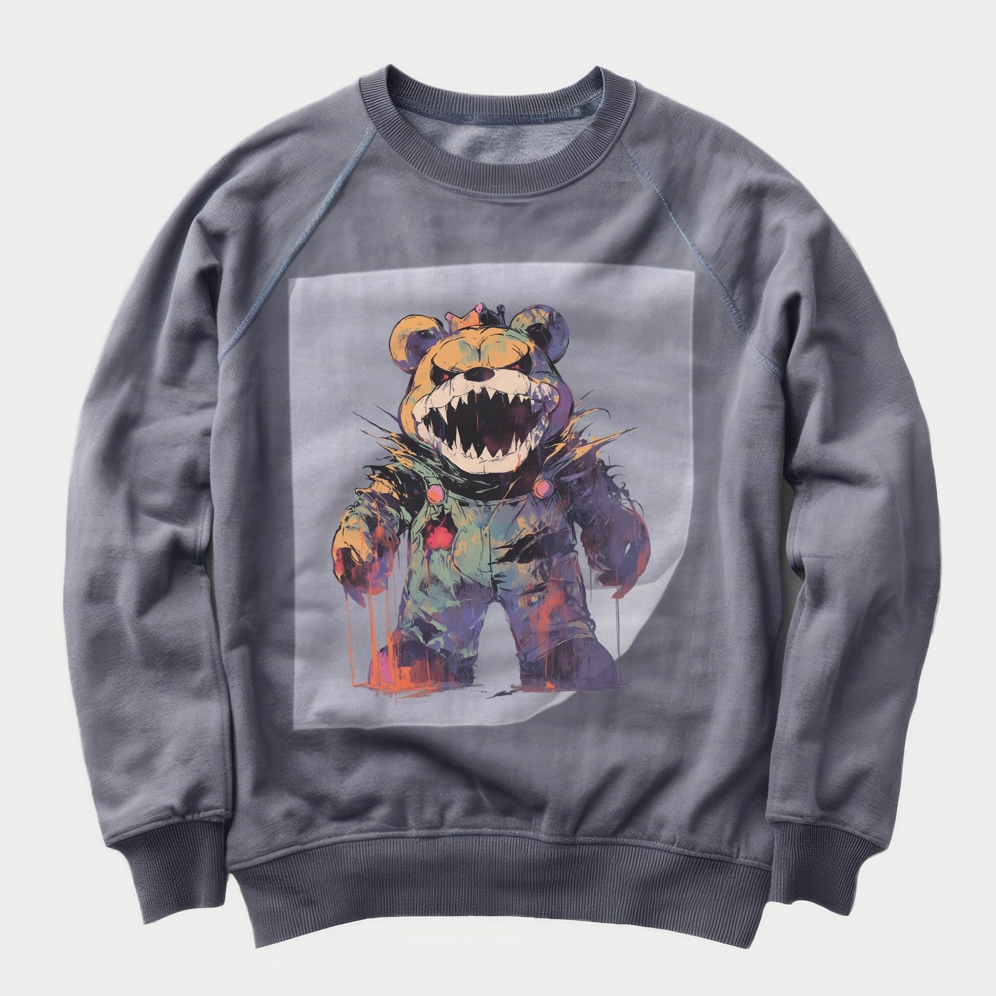 Nostalgic Nightmare Bear Ready to Press Heather Gray Sweater Front Peel View