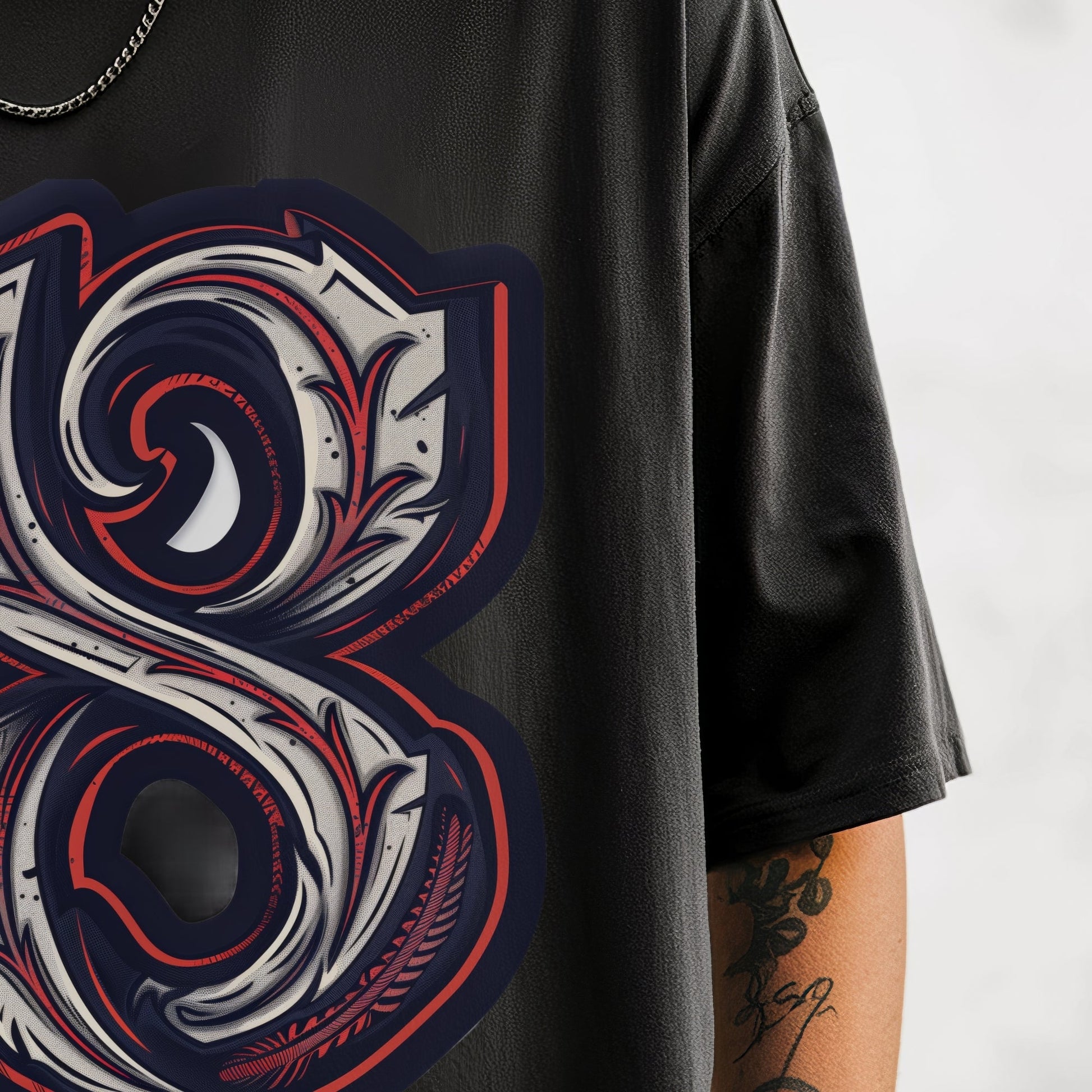 Baroque Swirl Ampersand T-Shirt Model Closeup