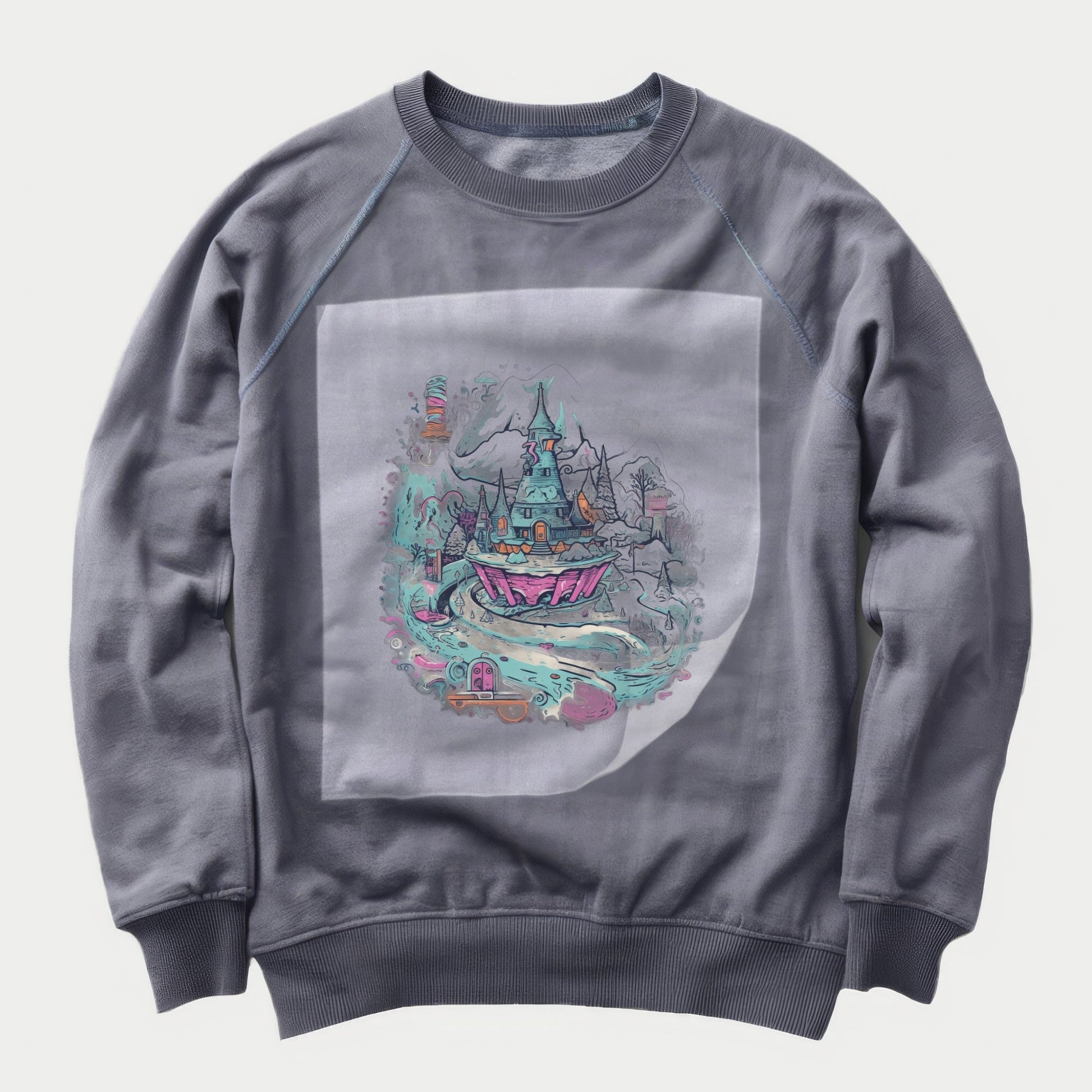 Eerie Enchanted Castle Ready to Press Heather Gray Sweater Front Peel View