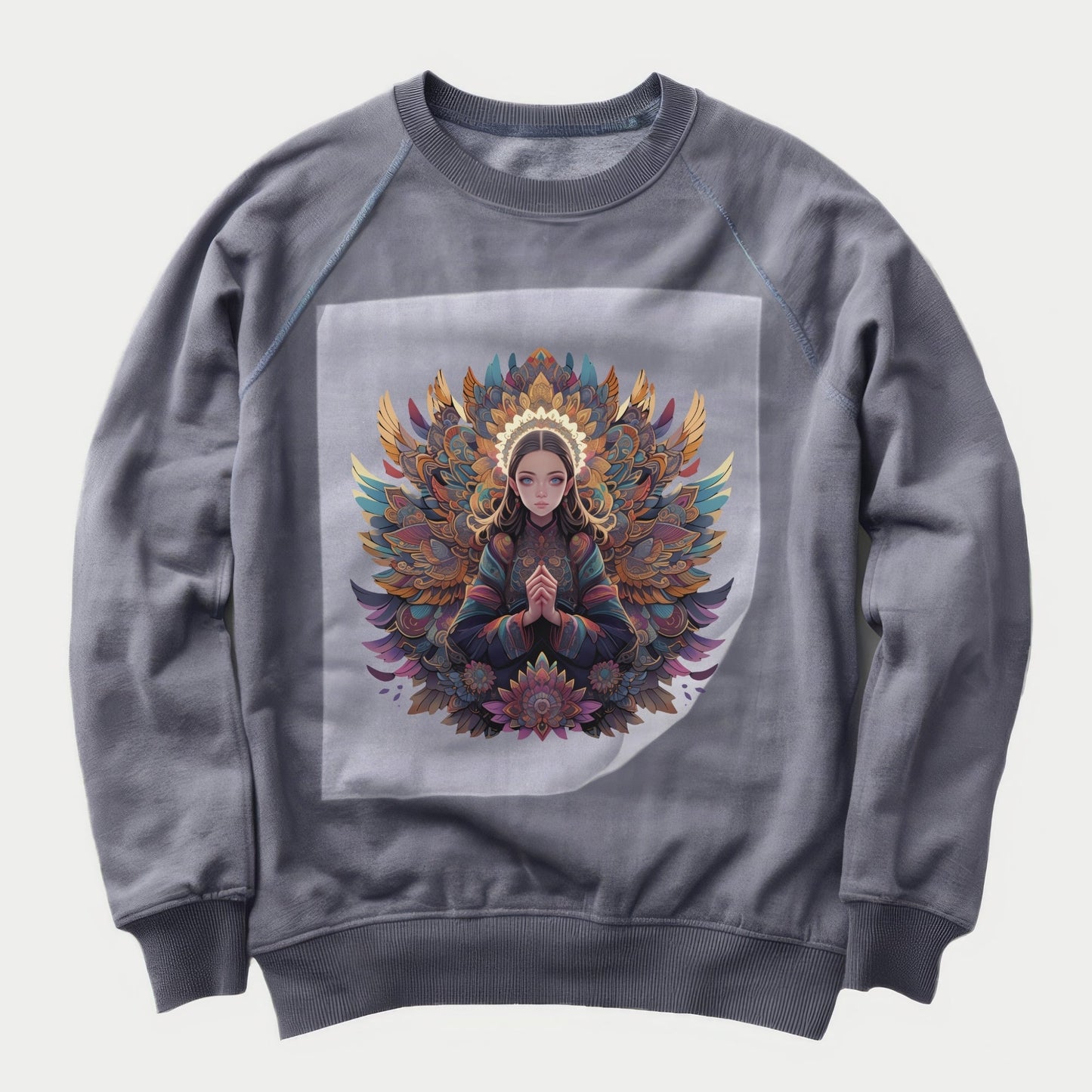 Mystic Mandala Enigma Ready to Press Heather Gray Sweater Front Peel View