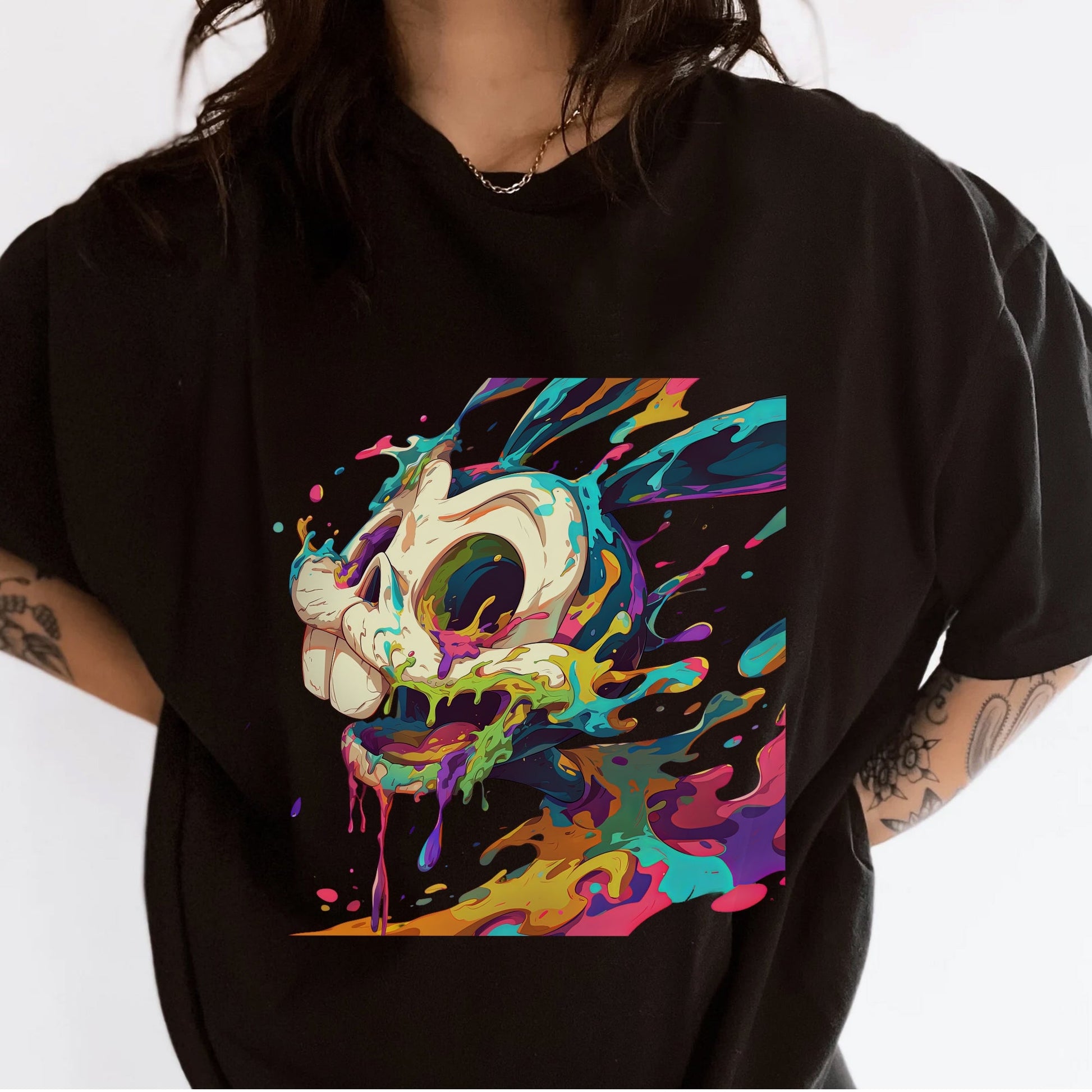 Vibrant Melting Skull Tshirt Female Model