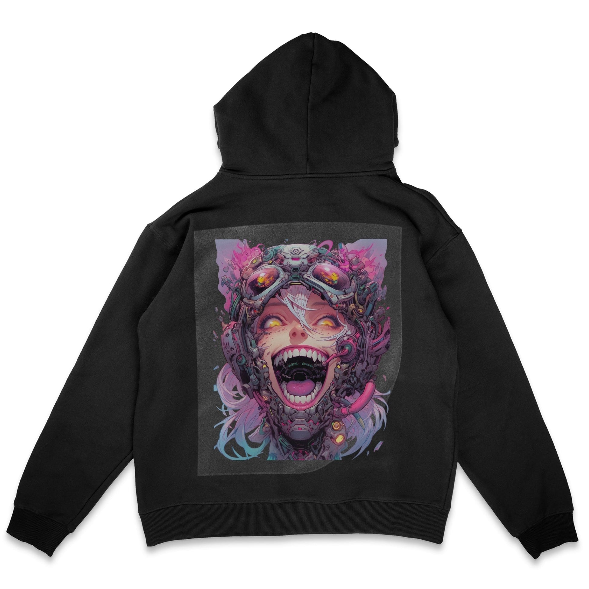 Ecstatic Neon Cyborg Ready to Press Solid Black Hoodie Back Peel View