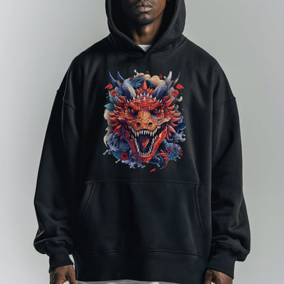 Stylized Dragon Amidst Cloudy Sky Hoodie Male Model