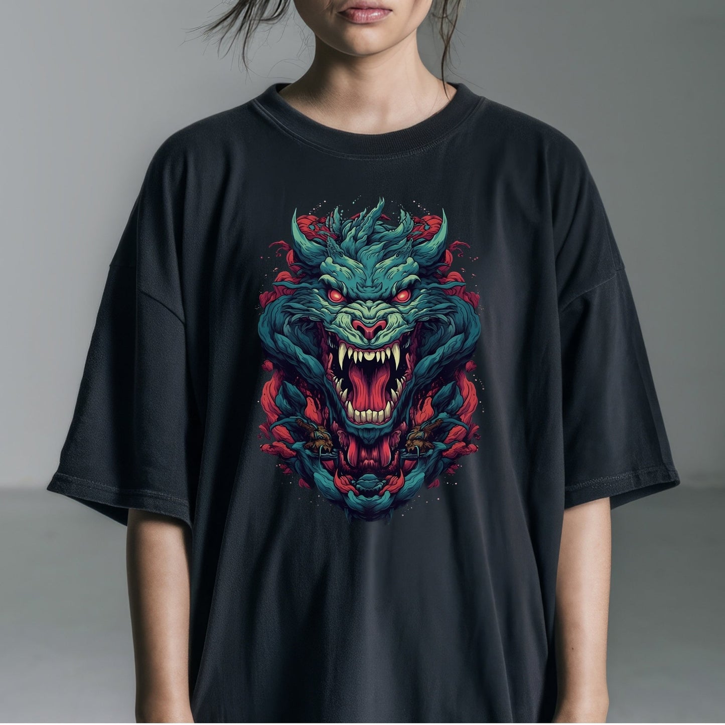 Ferocious Dragon Art Tshirt Female Model