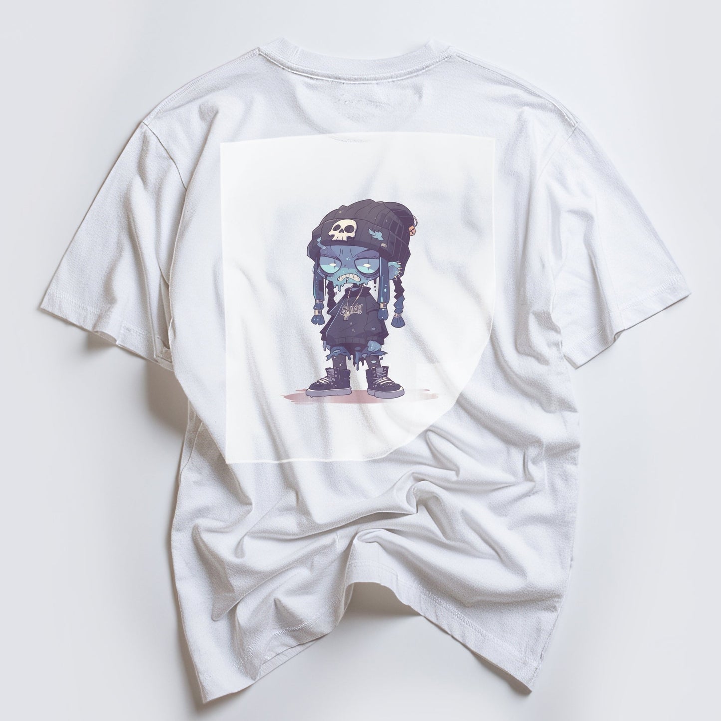 Chibi Zombie Streetwear Ready to Press White Tshirt Back Peel View