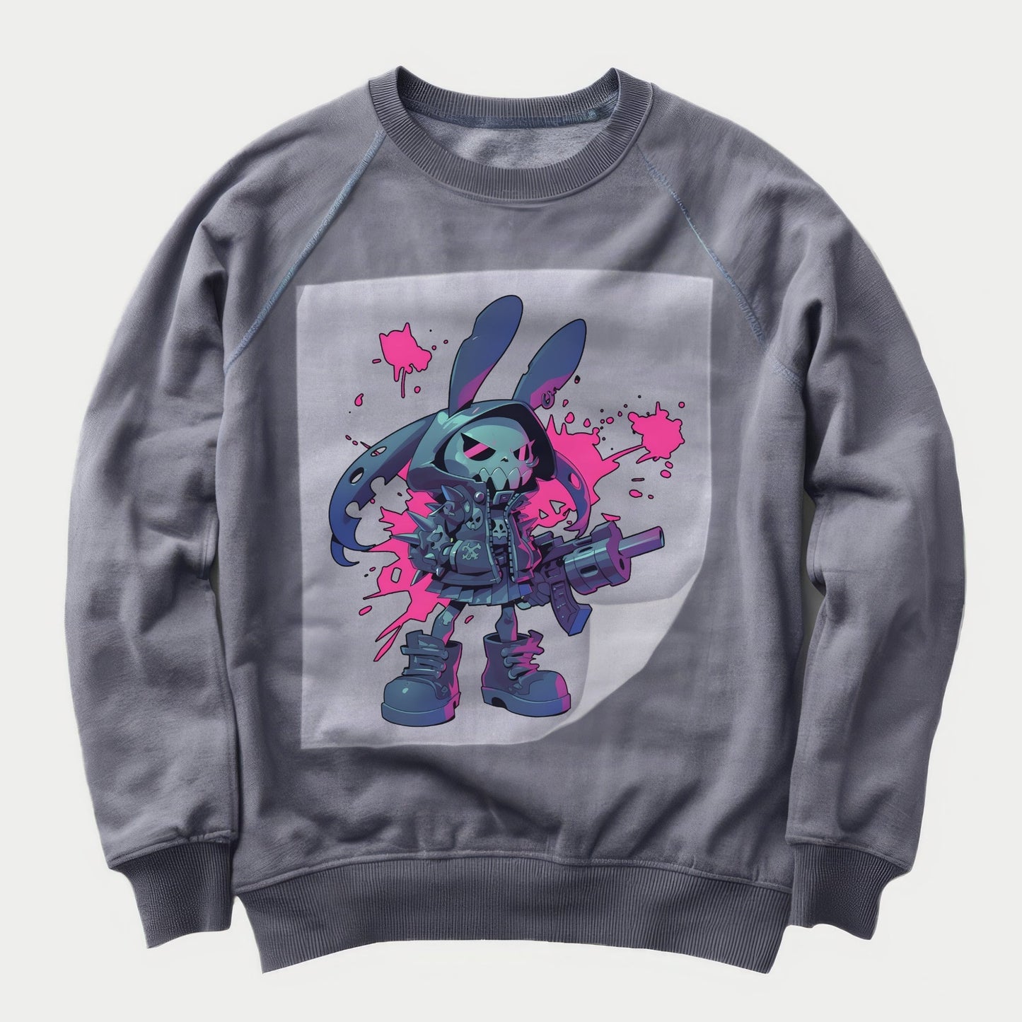 Neon Cyborg Bunny Blitz Ready to Press Heather Gray Sweater Front Peel View