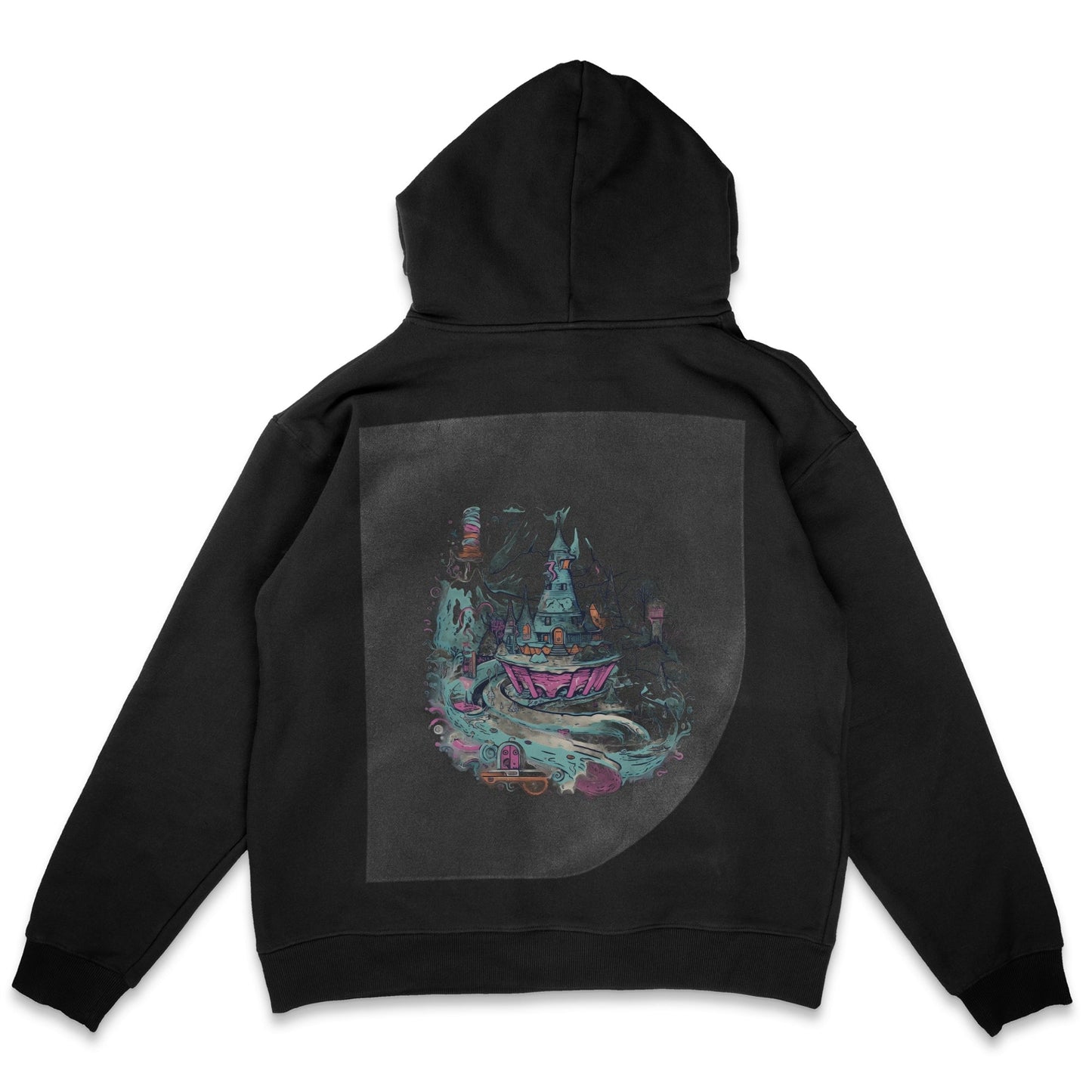 Eerie Enchanted Castle Ready to Press Solid Black Hoodie Back Peel View